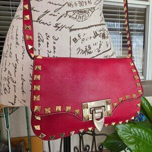 Valentino Red Leather Crossbody Strap  Gold Rock studded Handbag.